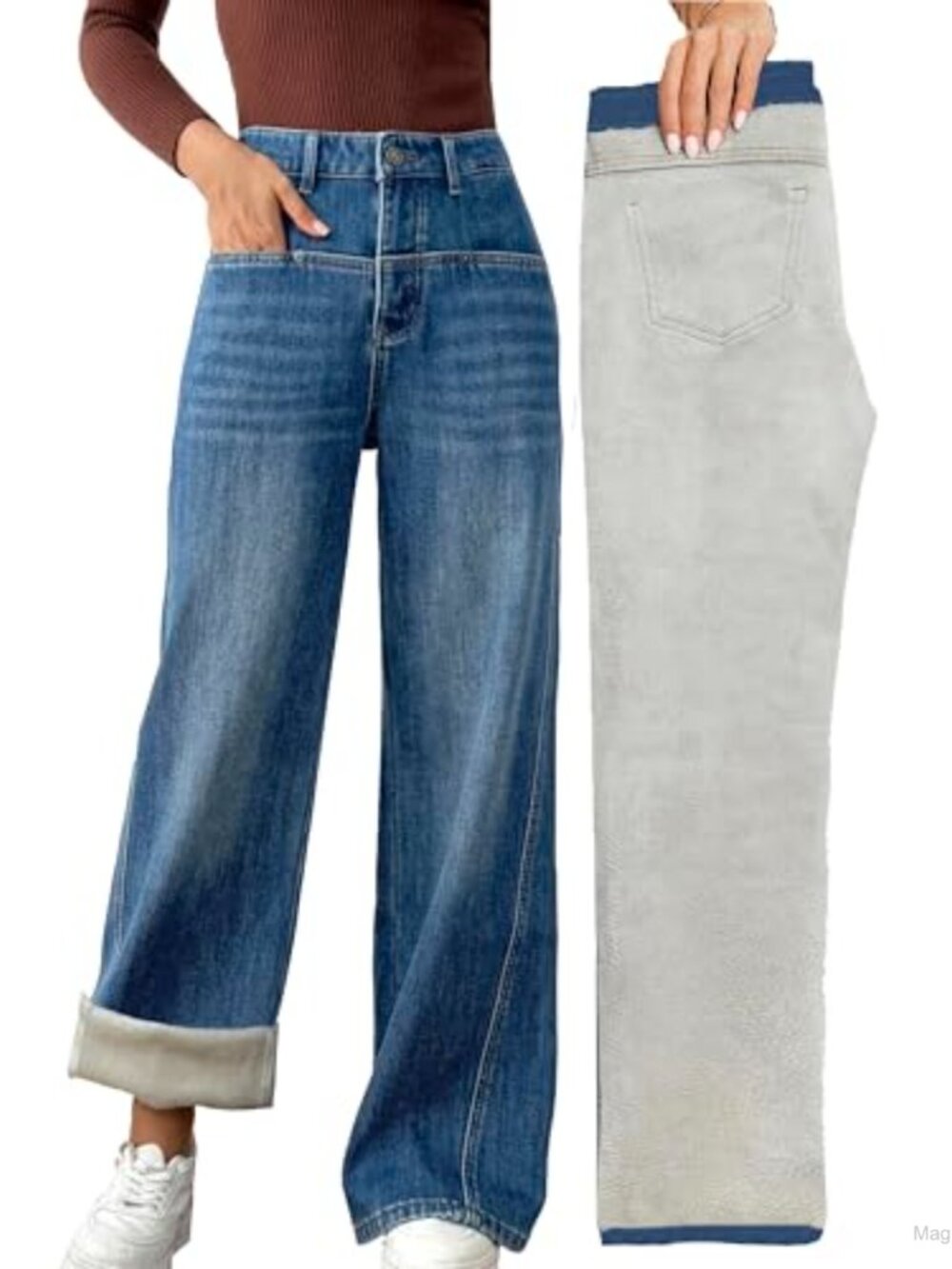 Fleece Lined Wide Leg Jeans High Waist Flare Thermal Winter Denim Pants